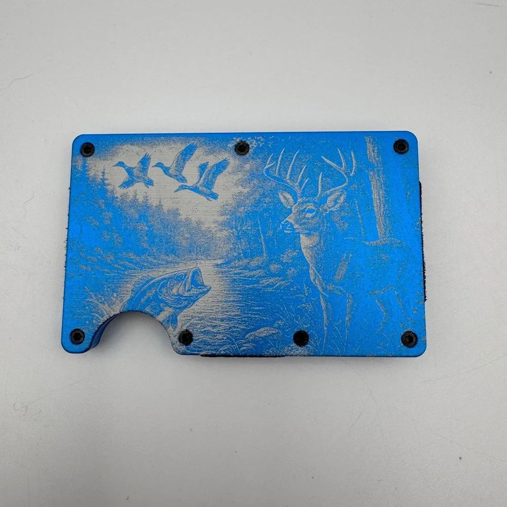 Blue Minimalist Metal Wallet Money Clip Engraved Deer Bass Duck Wildlife Scene